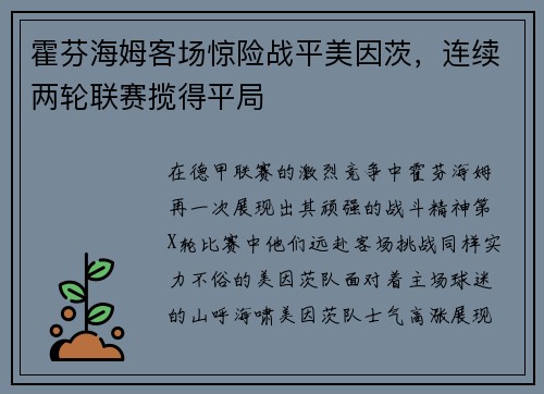 霍芬海姆客场惊险战平美因茨，连续两轮联赛揽得平局