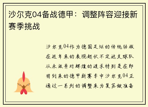 沙尔克04备战德甲：调整阵容迎接新赛季挑战