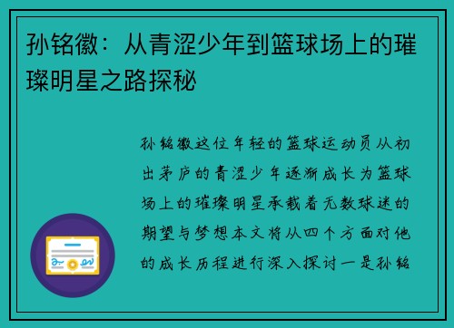 孙铭徽：从青涩少年到篮球场上的璀璨明星之路探秘