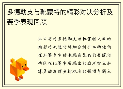 多德勒支与靴蒙特的精彩对决分析及赛季表现回顾