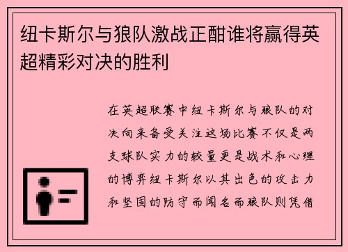 纽卡斯尔与狼队激战正酣谁将赢得英超精彩对决的胜利