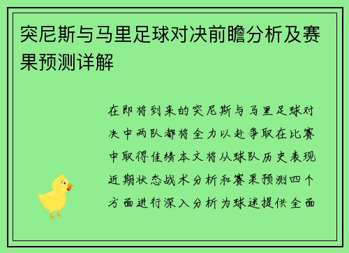 突尼斯与马里足球对决前瞻分析及赛果预测详解