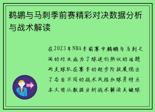 鹈鹕与马刺季前赛精彩对决数据分析与战术解读