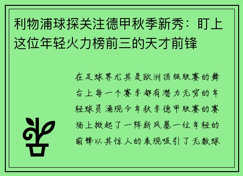利物浦球探关注德甲秋季新秀：盯上这位年轻火力榜前三的天才前锋