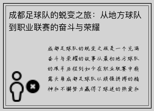 成都足球队的蜕变之旅：从地方球队到职业联赛的奋斗与荣耀